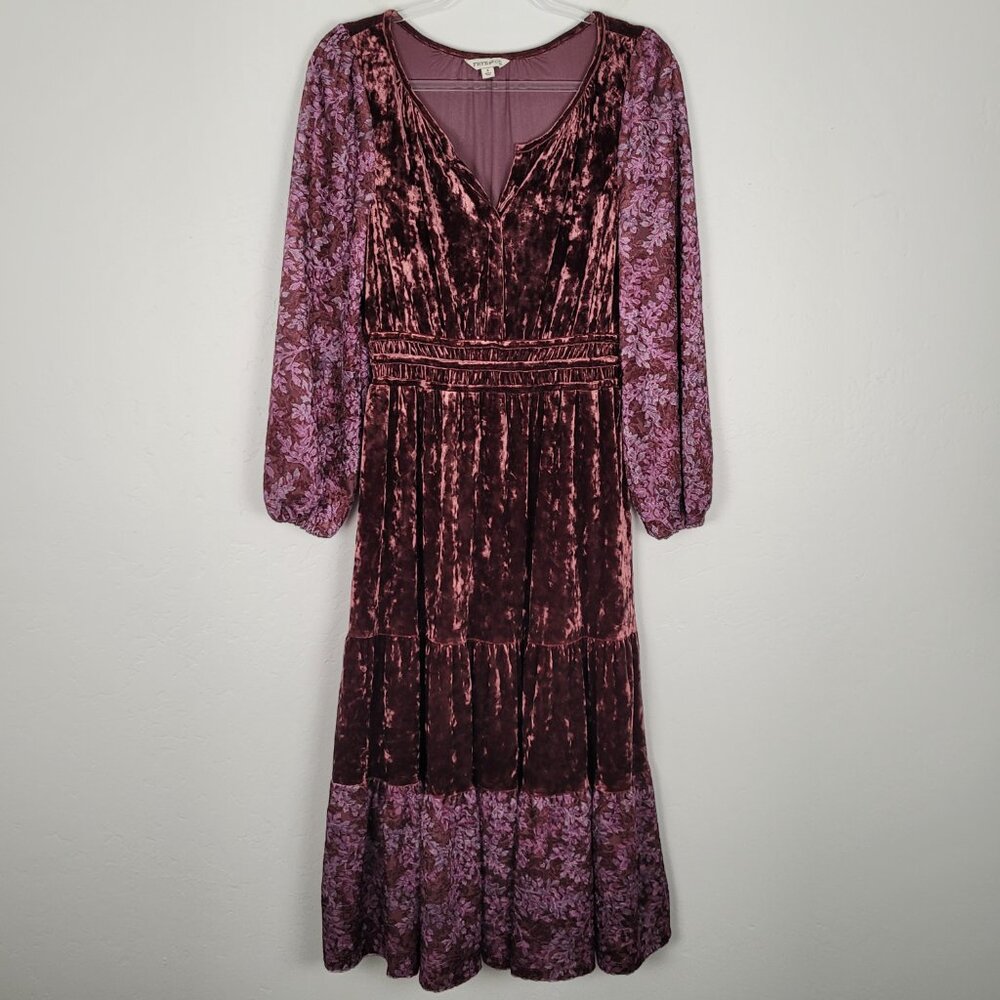FRYE AND CO. Velvet and Floral Midi Dress in Plum and Lavender